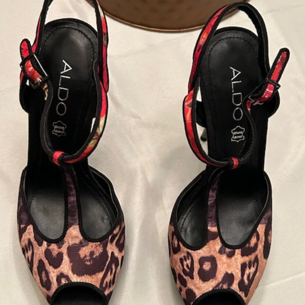 ALDO metal stiletto heels with leopard and hot pink/red floral pattern - Picture 4 of 10